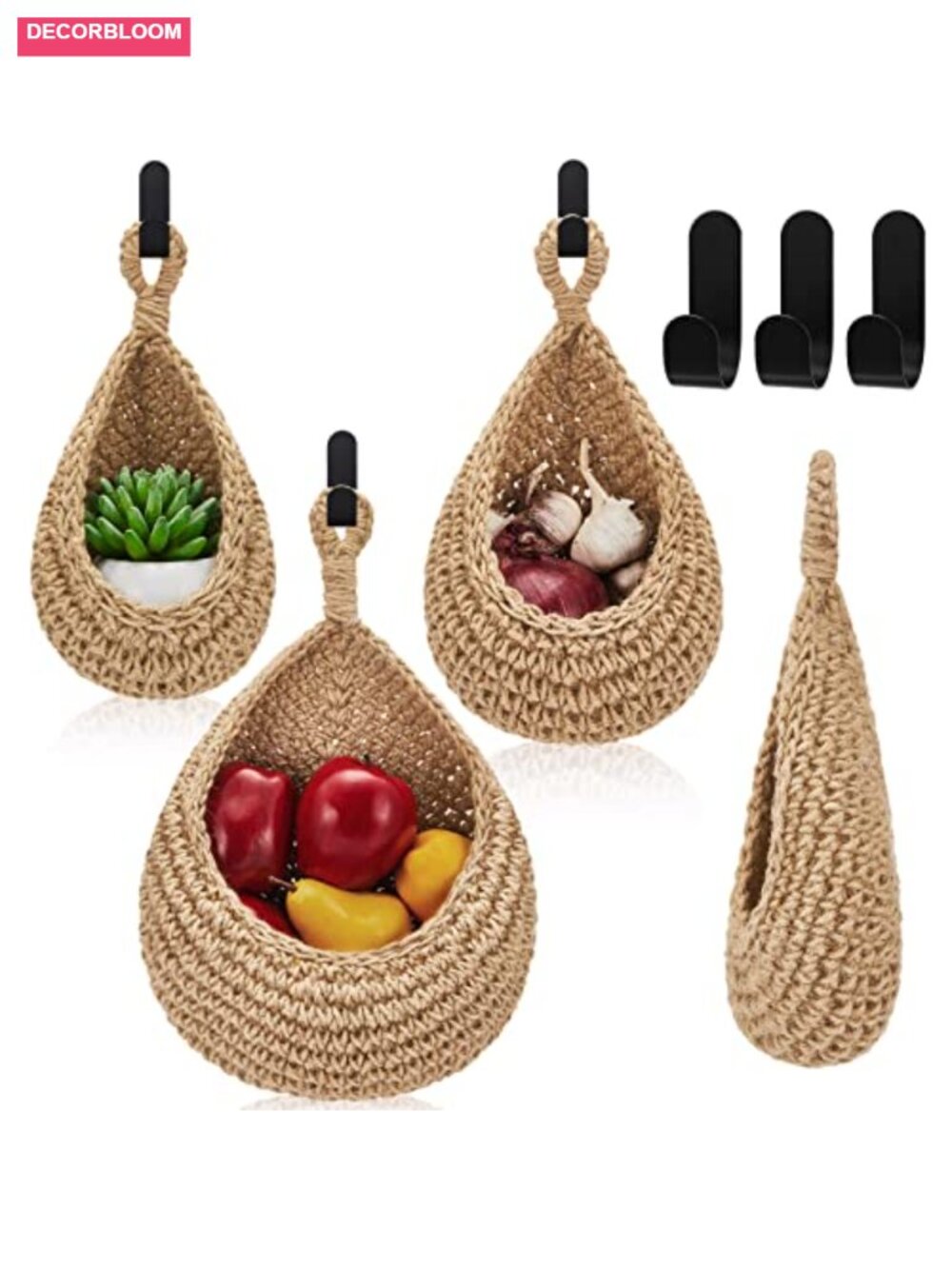 Jute Hanging Baskets Set of 3 Wall Mounted Teardrop Storage Organizer
